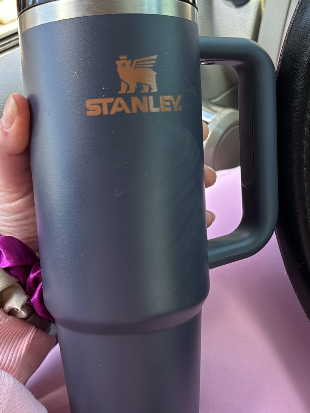 30oz Stanley Navy Blue Travel Mug with Gold Logo and Handle